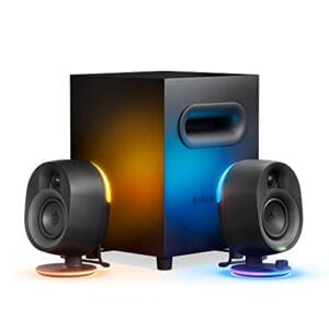 SteelSeries Arena 7 – Podświetlane głośniki gamingowe 2.1 – Potężny bas subwoofer – Reaktywne oświetlenie RGB – Łączność USB Aux optyczne przewodowe – Bluetooth Czarny