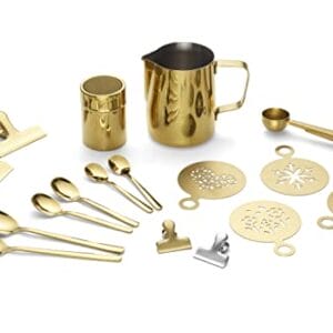 ECHTWERK Zestaw akcesoriów do kawy 23-częściowy 600 ml - espresso, cappuccino, latte, klipsy, szablony, łyżka do kawy Gold Barista-Art
