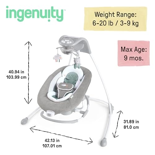 Ingenuity Pemberton 2 w 1 przenośna huśtawka i kołyska dla niemowląt z lampkami wibracjami melodiami regulacją głośności funkcją smartfona i przyłączem USB - obrazek 9