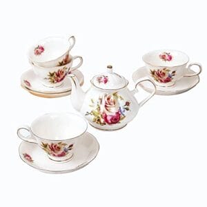 Wooshwa Porcelanowy zestaw do herbaty 9 sztuk z metalowym stojakiem kubek do kawy delikatny porcelanowy kubek do kawy z różą w kwiaty - kubki do kawy dla 4 osób prezent ślubny