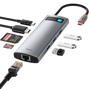 Baseus USB C Hub Adapter USB C 8-w-1 z 4K HDMI Ethernetem czytnikiem kart SD/TF 3 portami danych USB 3.0 5 Gb/s mocą ładowania 100 W dla MacBooka Surface Pro 7 XPS i więcej urządzeń typu C