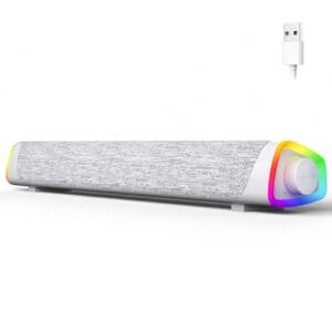 SOULION Głośniki komputerowe R30 Plus - Przewodowy głośnik Bluetooth V5.3 PC Sound Bar z kolorowymi światłami LED i przyciskiem przełącznika dźwięku przestrzennego