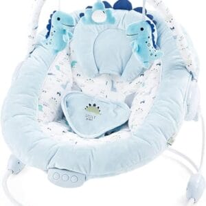 LADIDA 696 bujaczka dinozaura dla niemowląt z uspokajającymi wibracjami melodiami muzycznymi białym szumem tapicerką siedziska zdejmowanym pałąkiem na zabawki z 3 pięknymi zabawkami