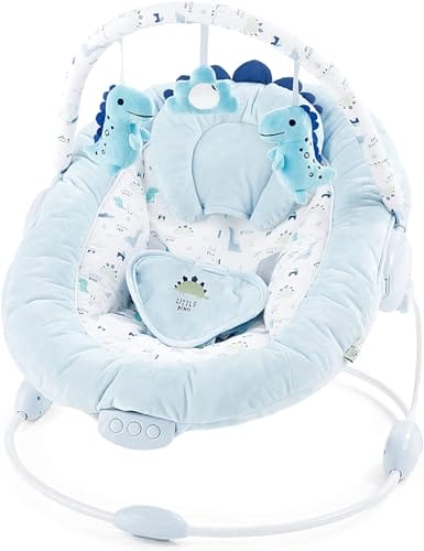 LADIDA 696 bujaczka dinozaura dla niemowląt z uspokajającymi wibracjami melodiami muzycznymi białym szumem tapicerką siedziska zdejmowanym pałąkiem na zabawki z 3 pięknymi zabawkami