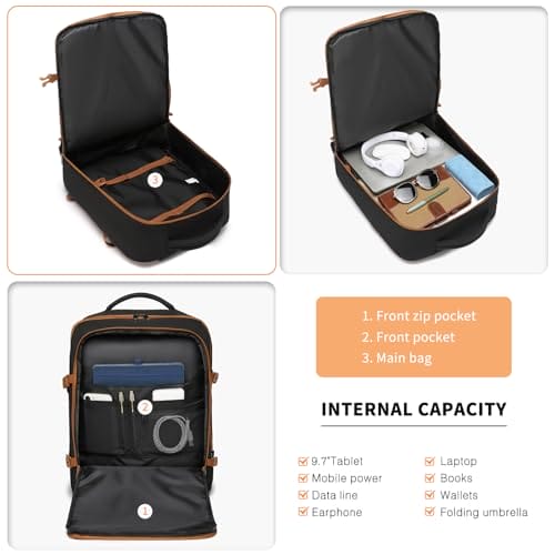 Kono Torby kabinowe plecak podręczny 45x36x20 cm - Duża pojemność, czarny/brązowy - obrazek 4