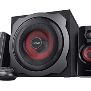 Trust Gaming GXT 38 Głośnik PC Gamer 2.1 z subwooferem 120 W - doskonałe wrażenia dźwiękowe, mocne basy, przewodowa regulacja głośności, kompatybilność z komputerami PC i laptopami – czarny/czerwony