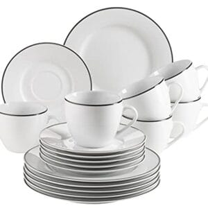 Mäser Serwis do kawy porcelana ENNA biały czarny - stylowe naczynia do kawy, 6 filiżanek, 6 spodków, 6 talerzy, łatwa pielęgnacja, wysoka jakość