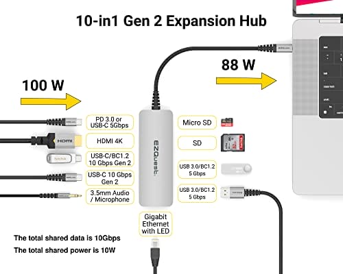 USB-C Multimedia 10 w 1 Gen 2 Hub HDMI 4K zasilanie USB-C 100 W z danymi (FRS) lub 5 Gb/s Gigabit Ethernet 2 porty USB-C Gen 2 2 porty USB-A 3.0 port audio 2 w 1 SD i Micro SD - obrazek 7