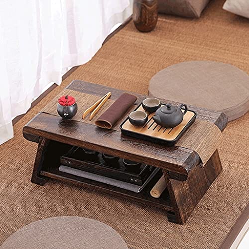 Stolik kawowy 2-poziomowy z półką do przechowywania japoński stół do herbaty retro stół tatami do salonu okno wykuszowe (ciemnobrązowy, 68 * 35 * 28 cm) - obrazek 2