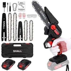 Mini przenośna piła łańcuchowa 21V 1500mAh 2 akumulatory 4 łańcuchy czerwona