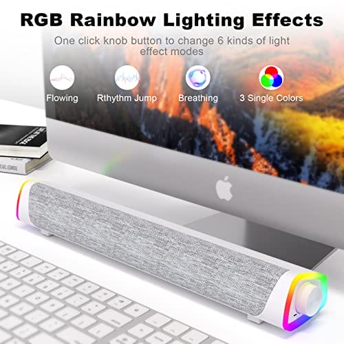 SOULION Głośniki komputerowe R30 Plus - Przewodowy głośnik Bluetooth V5.3 PC Sound Bar z kolorowymi światłami LED i przyciskiem przełącznika dźwięku przestrzennego - obrazek 6