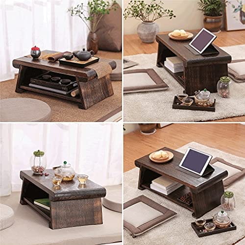 Stolik kawowy 2-poziomowy z półką do przechowywania japoński stół do herbaty retro stół tatami do salonu okno wykuszowe (ciemnobrązowy, 68 * 35 * 28 cm) - obrazek 5