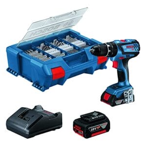 Bosch Professional System 18V: Akumulatorowa wiertarko-wkrętarka udarowa GSB 18V-28 (1 akumulator 2.0Ah, 1 akumulator 4.0Ah, ładowarka GAL 18V-20, walizka L-Case, 100-częściowy zestaw osprzętu) – Amazon Exclusive Set