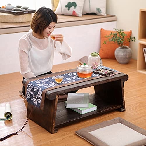 Stolik kawowy 2-poziomowy z półką do przechowywania japoński stół do herbaty retro stół tatami do salonu okno wykuszowe (ciemnobrązowy, 68 * 35 * 28 cm) - obrazek 6
