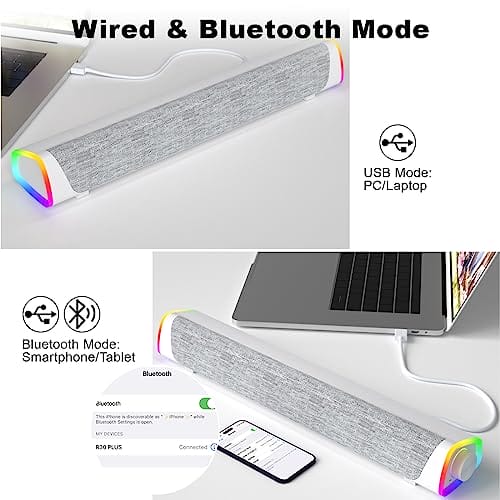 SOULION Głośniki komputerowe R30 Plus - Przewodowy głośnik Bluetooth V5.3 PC Sound Bar z kolorowymi światłami LED i przyciskiem przełącznika dźwięku przestrzennego - obrazek 7