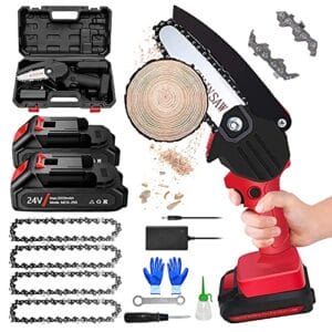 Mini akumulatorowa piła łańcuchowa do przycinania baterii [Zaktualizowana wersja] Przycinanie piły łańcuchowej z 2 bateriami zamknięciem bezpieczeństwa i 4 łańcuchem elektryczna piła do drewna - czerwony