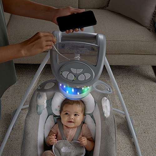 Ingenuity Pemberton 2 w 1 przenośna huśtawka i kołyska dla niemowląt z lampkami wibracjami melodiami regulacją głośności funkcją smartfona i przyłączem USB - obrazek 2