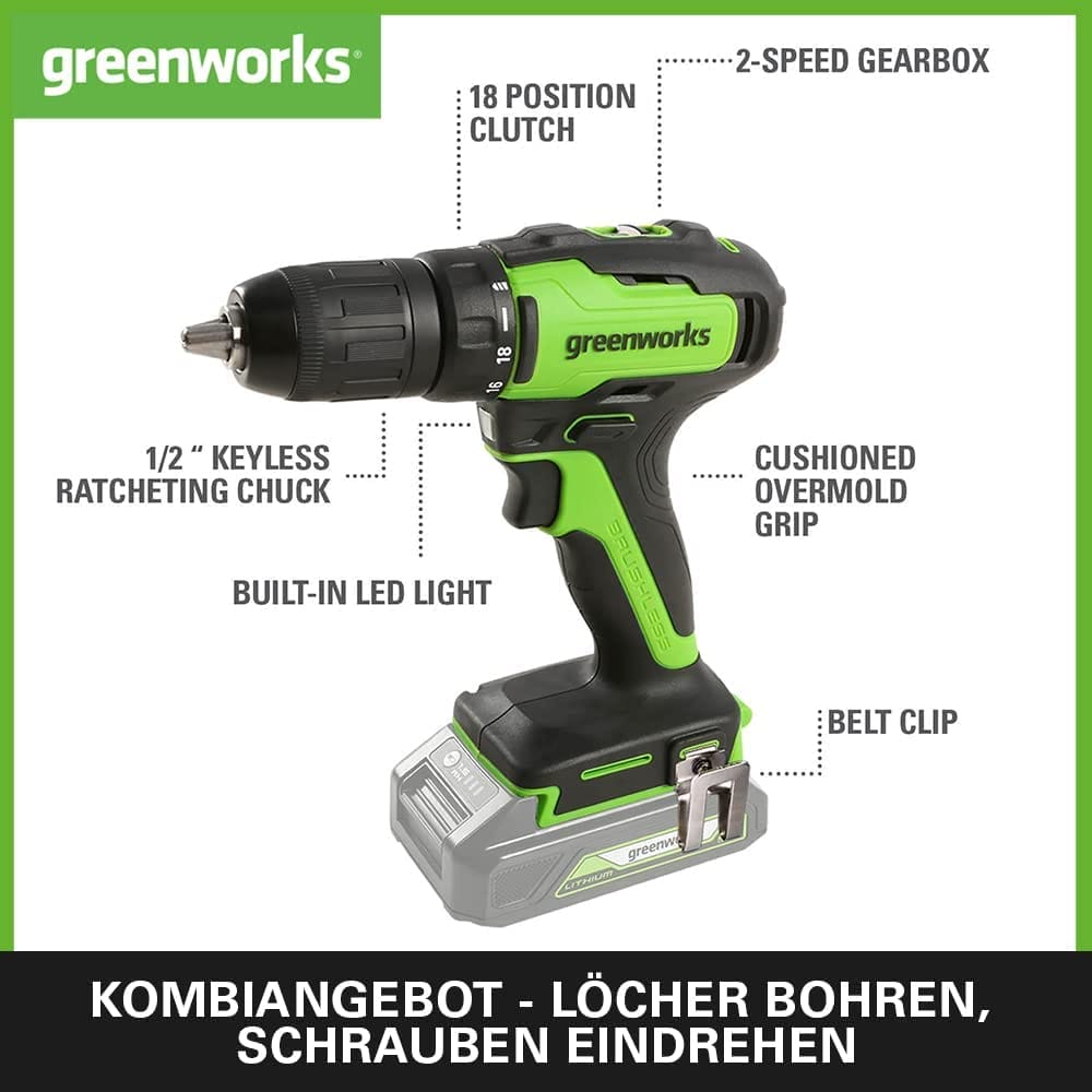 Greenworks GD24DD35K2 Wiertarko Wkrętarka Akumulatorowa z Silnikiem Be - obrazek 6