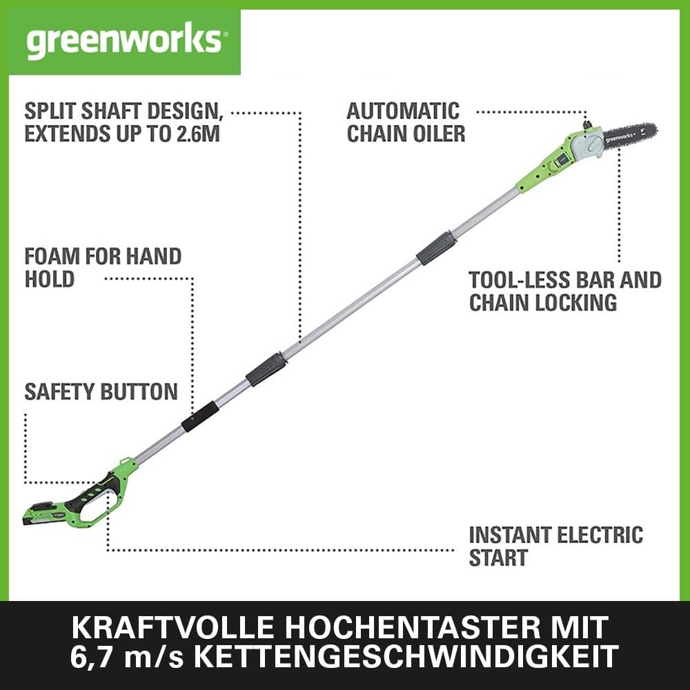 Greenworks G24PS20K2 - Akumulatorowa Pilarka na Wysięgniku 20cm, 67m/s, 32kg, Automatyczna Olejarka, 50ml Zbiornik Oleju, 26m Zasięg, Bateria 24V 2Ah i Ładowarka - obrazek 6