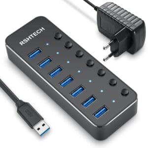 RSHTECH Hub USB 3.0 z 10W Zasilacz Aluminiowy 7 portów USB 3.0 Hub Exp