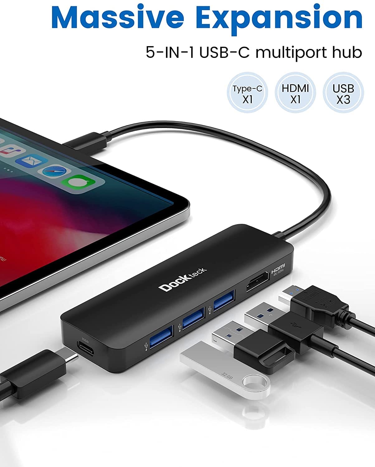 Dockteck USB C Hub HDMI Adapter, 5-w-1 Dock USB C Adapter do 3 USB-3.0 - obrazek 7