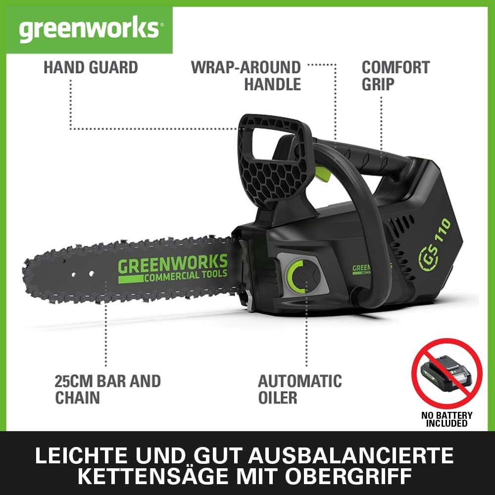Greenworks GD40TCS - Akumulatorowa pilarka łańcuchowa 25 cm, 12 m/s, 24 kg, olejarka, bez baterii 40V i ładowarki - obrazek 6