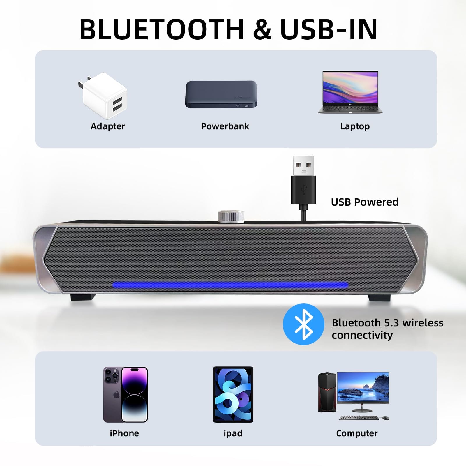 Głośniki komputerowe Bluetooth 5.3 z kablem i zasilaniem USB - HEANTTV - obrazek 5