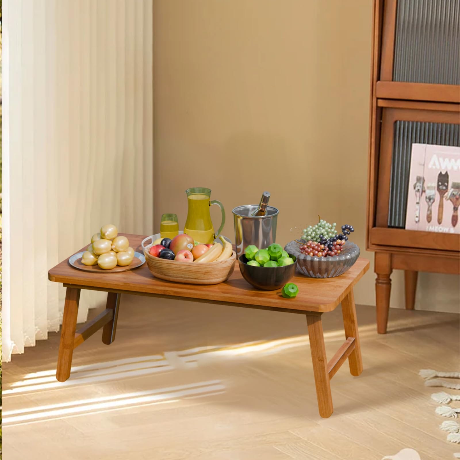 QHENS Bambusowy stolik kawowy ze składanymi nogami drewniany prostokątny stolik do herbaty tatami wielofunkcyjny niski stolik do salonu domowego biura 57 x 343 x 223 cm - obrazek 5