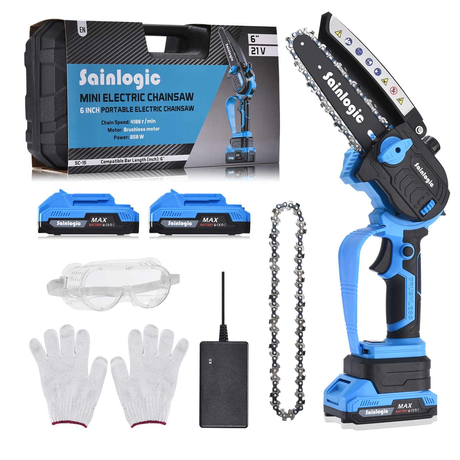 Sainlogic Mini piła łańcuchowa z akumulatorem 850 W - przenośna mini piła łańcuchowa z 2 bateriami 2000 mAh do prac ogrodowych i leśnych