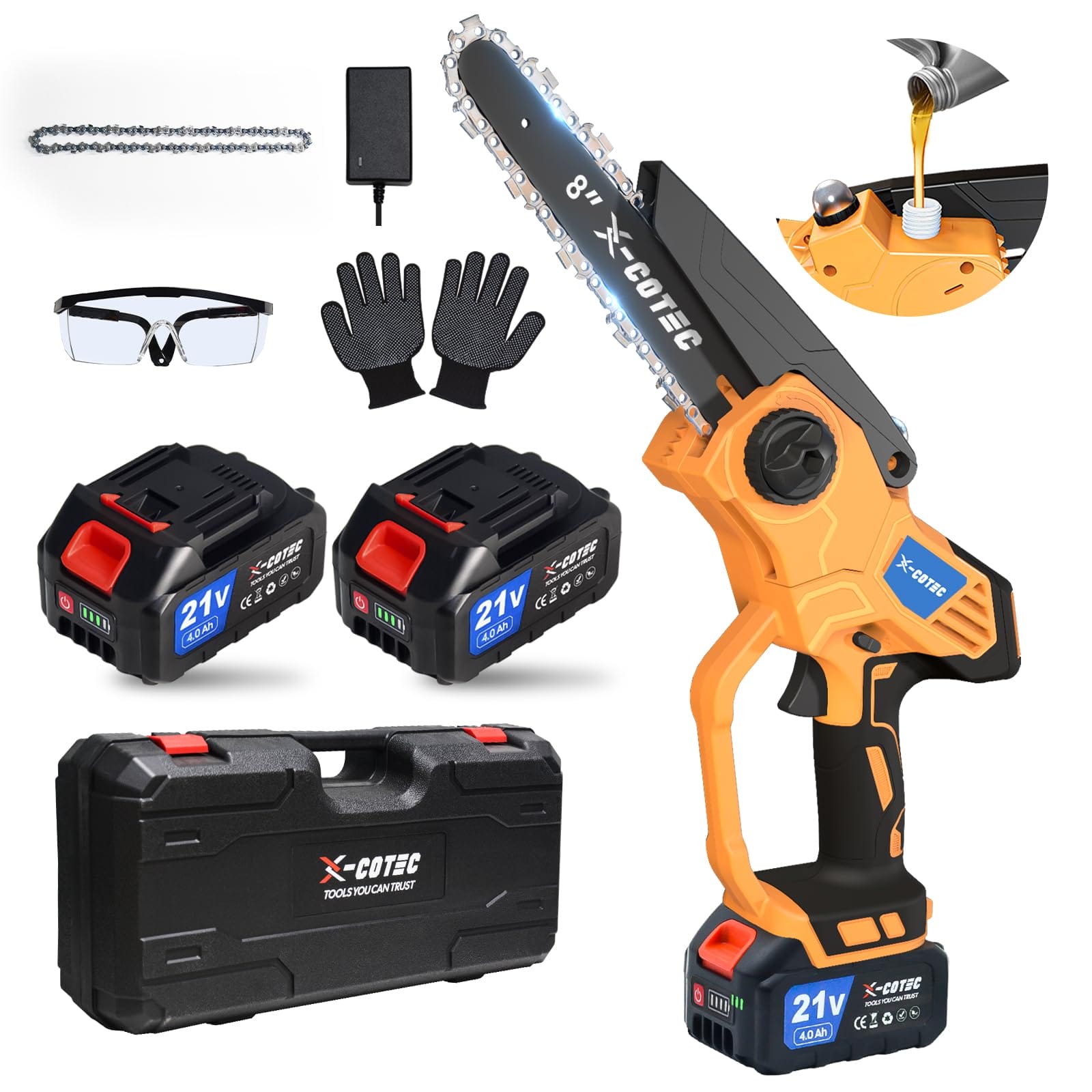 X-COTEC Mini piła łańcuchowa akumulatorowa 20" z zapasowym łańcuchem i łańcuchem elektryczna piła łańcuchowa jednoręczna piła do gałęzi z akumulatorem 2 x 4000