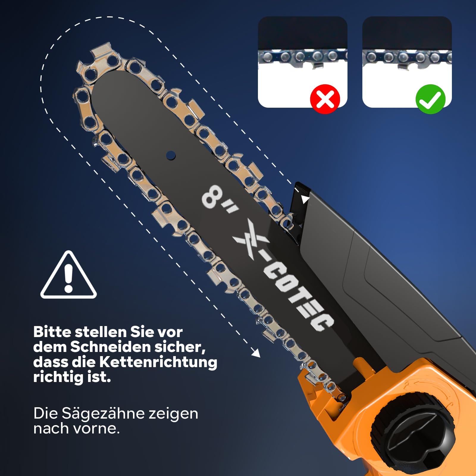 X-COTEC Mini piła łańcuchowa akumulatorowa 20" z zapasowym łańcuchem i łańcuchem elektryczna piła łańcuchowa jednoręczna piła do gałęzi z akumulatorem 2 x 4000 - obrazek 6