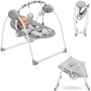 LIONELO Ruben bujaczek wbudowane melodie i dźwięki natury z regulacją głośności 5 prędkości bujania zasilanie sieciowe lub na baterie timer bezgłośna praca moskitiera w zestawie (GREY)