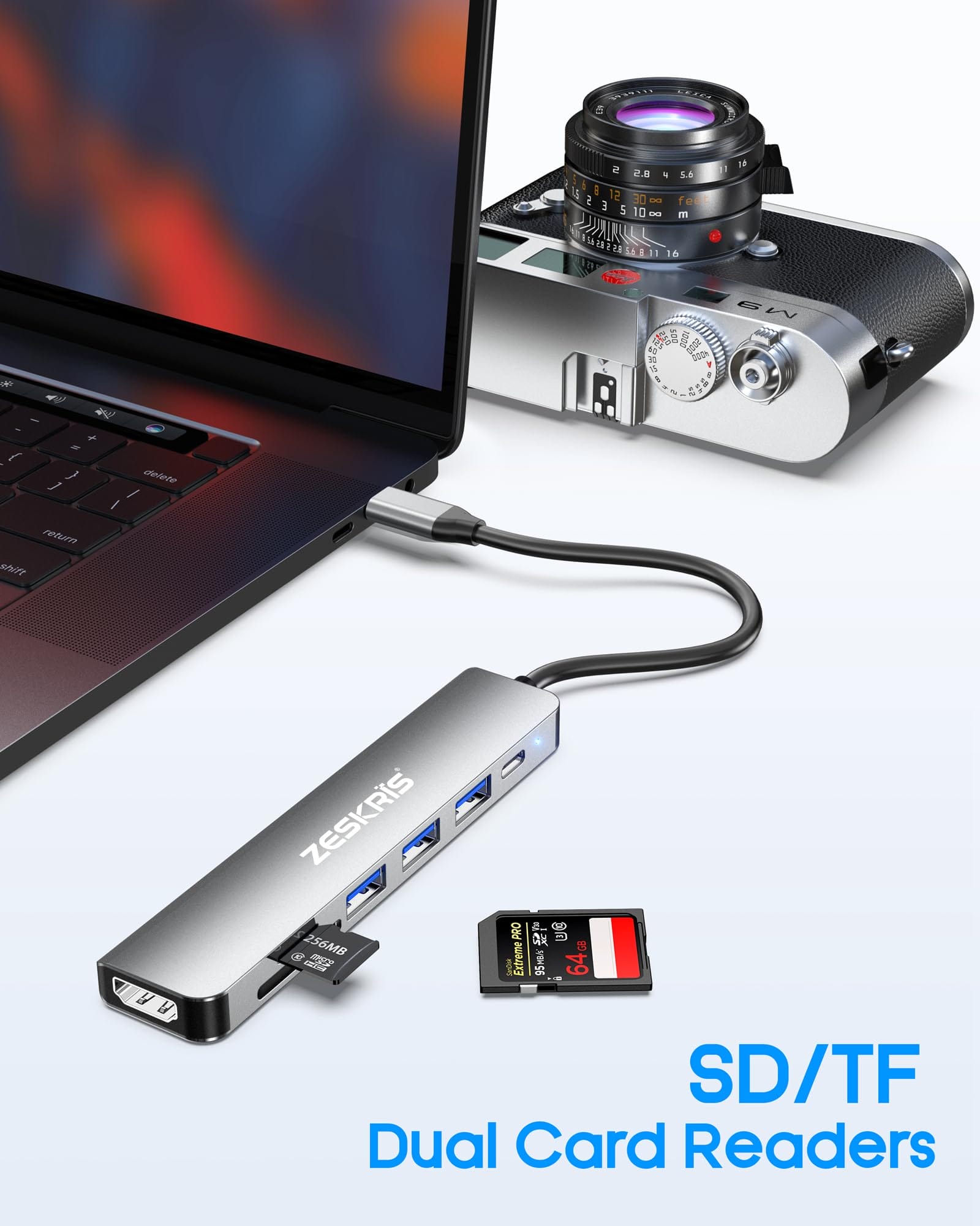ZESKRIS Hub USB C adapter 7 w 1 USB C na HDMI z 4K HDMI 100 W PD 1 x USB 3.0 2 x USB 2.0 i czytnik kart SD/TF rozdzielacz wieloportowy kompatybilny z Macbook Air/Pro M1/M2 Surface Go i więcej - obrazek 3