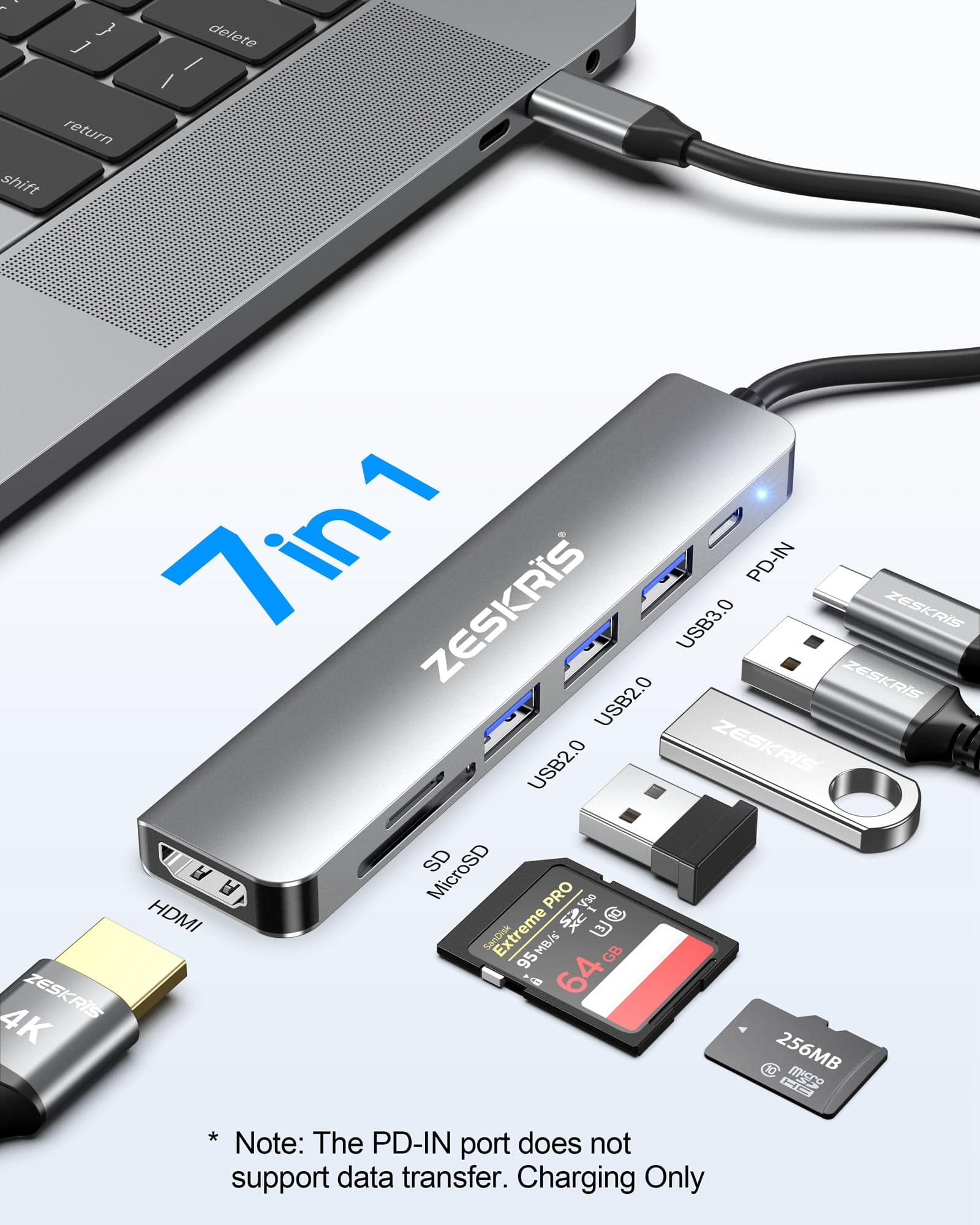 ZESKRIS Hub USB C adapter 7 w 1 USB C na HDMI z 4K HDMI 100 W PD 1 x USB 3.0 2 x USB 2.0 i czytnik kart SD/TF rozdzielacz wieloportowy kompatybilny z Macbook Air/Pro M1/M2 Surface Go i więcej - obrazek 7