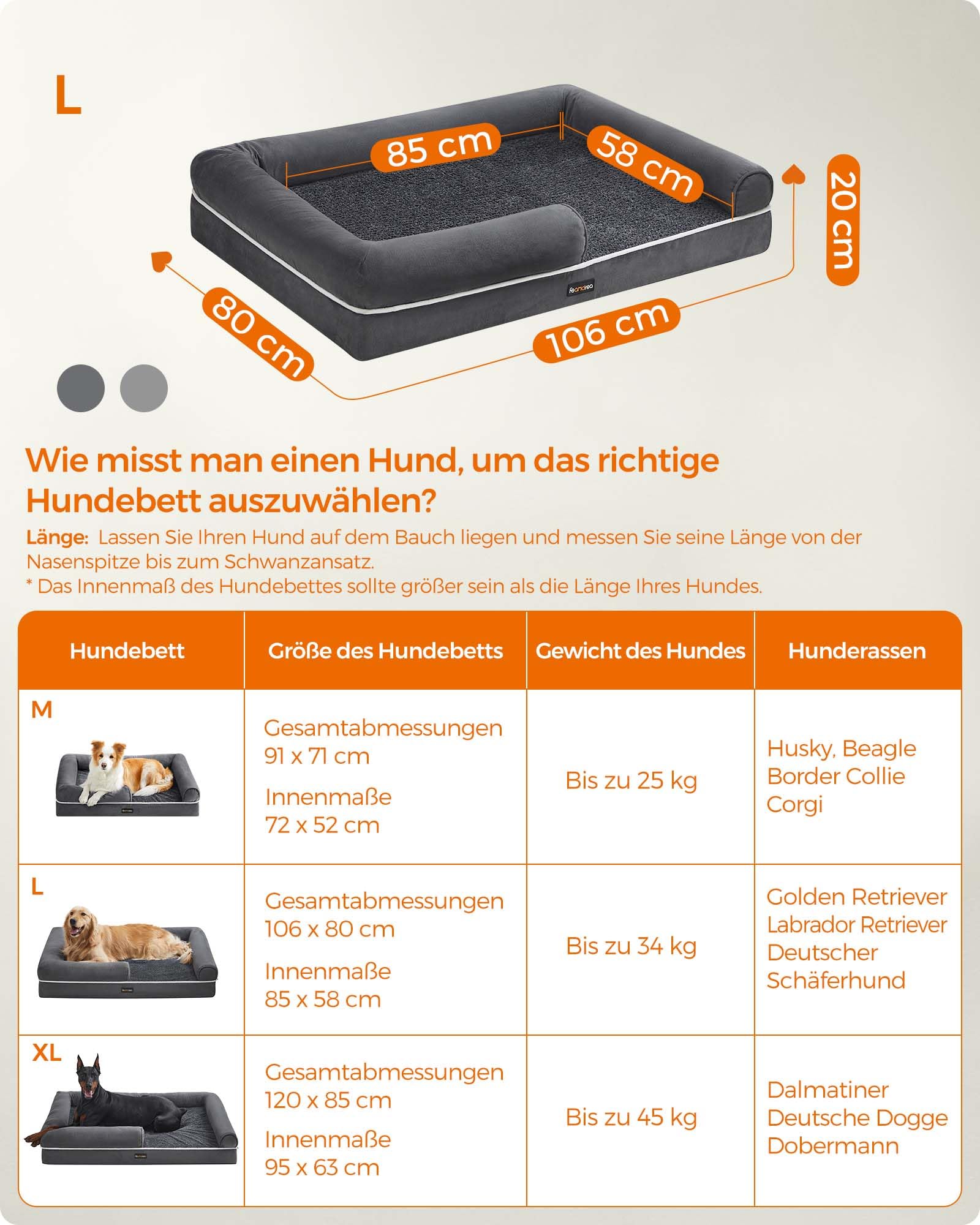 FEANDREA Łóżko ortopedyczne dla psów sofa łóżko dla zwierząt miękka wyściółka podniesione krawędzie zdejmowany i nadający się do mycia pokrowiec 106 x 80 x 25 cm antypoślizgowe ciemnoszary - obrazek 6