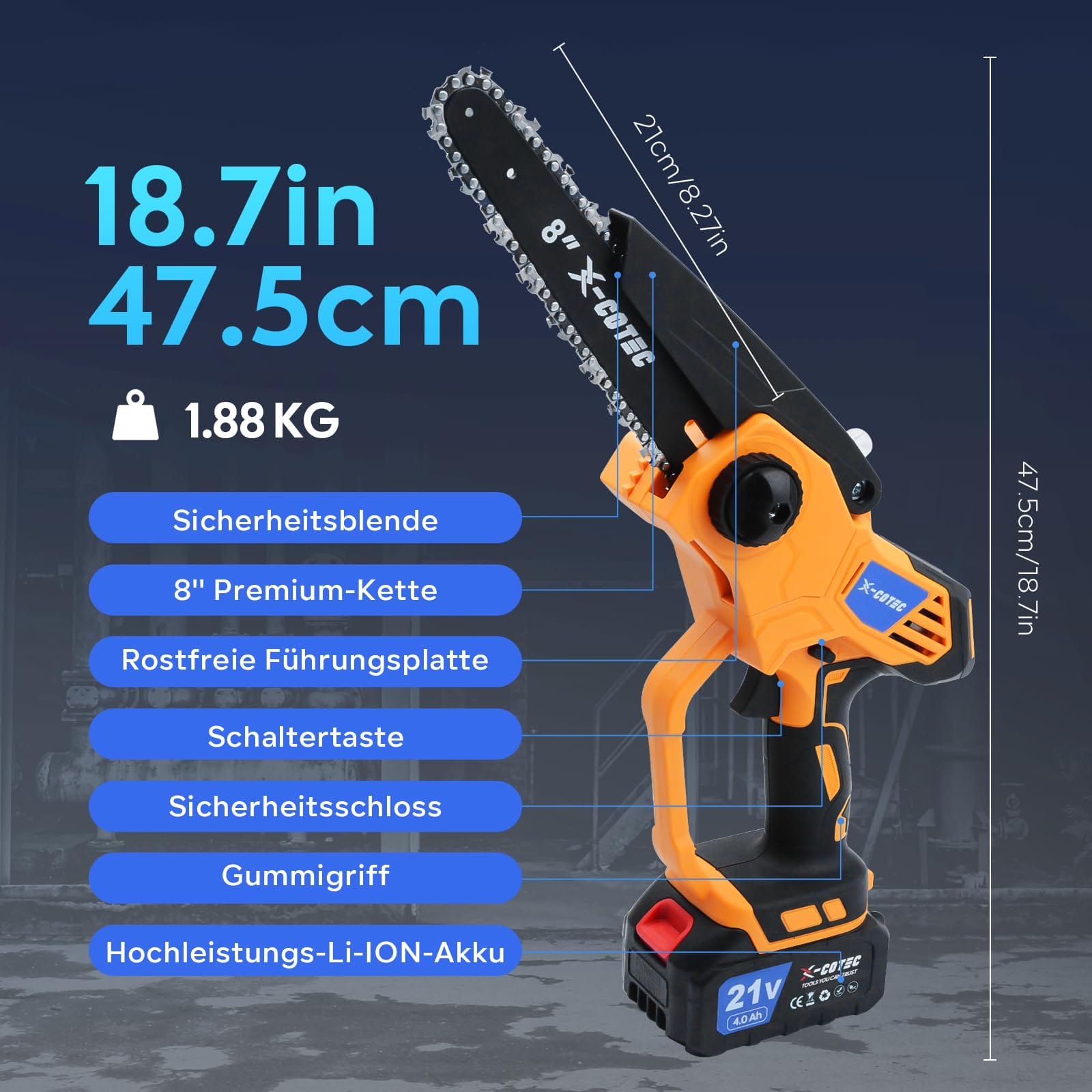 X-COTEC Mini piła łańcuchowa akumulatorowa 20" z zapasowym łańcuchem i łańcuchem elektryczna piła łańcuchowa jednoręczna piła do gałęzi z akumulatorem 2 x 4000 - obrazek 8