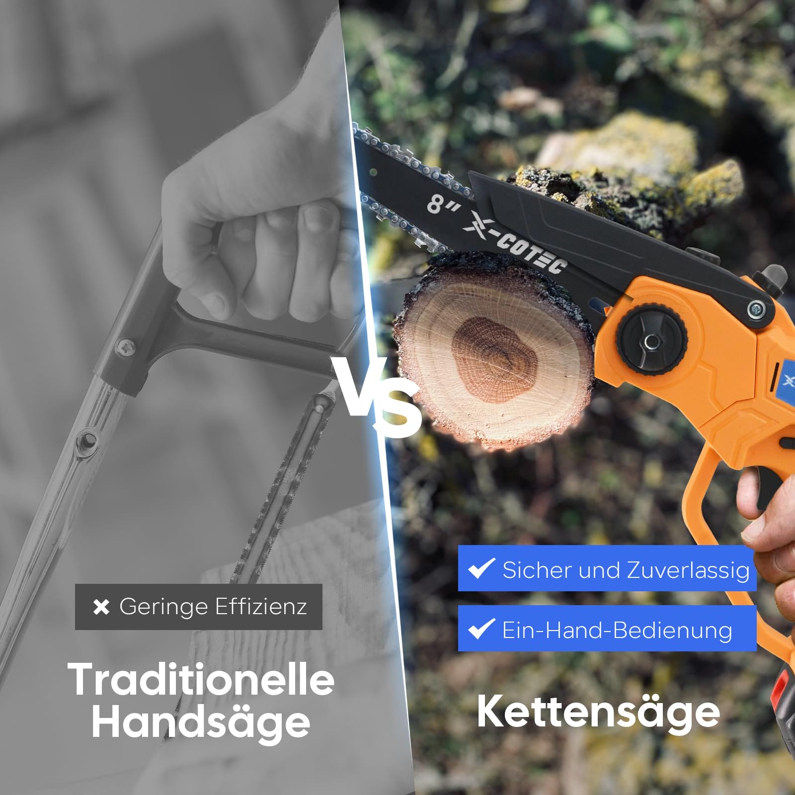 X-COTEC Mini piła łańcuchowa akumulatorowa 20" z zapasowym łańcuchem i łańcuchem elektryczna piła łańcuchowa jednoręczna piła do gałęzi z akumulatorem 2 x 4000 - obrazek 5