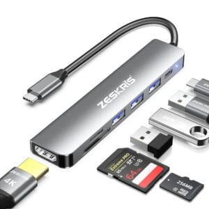 ZESKRIS Hub USB C adapter 7 w 1 USB C na HDMI z 4K HDMI 100 W PD 1 x USB 3.0 2 x USB 2.0 i czytnik kart SD/TF rozdzielacz wieloportowy kompatybilny z Macbook Air/Pro M1/M2 Surface Go i więcej