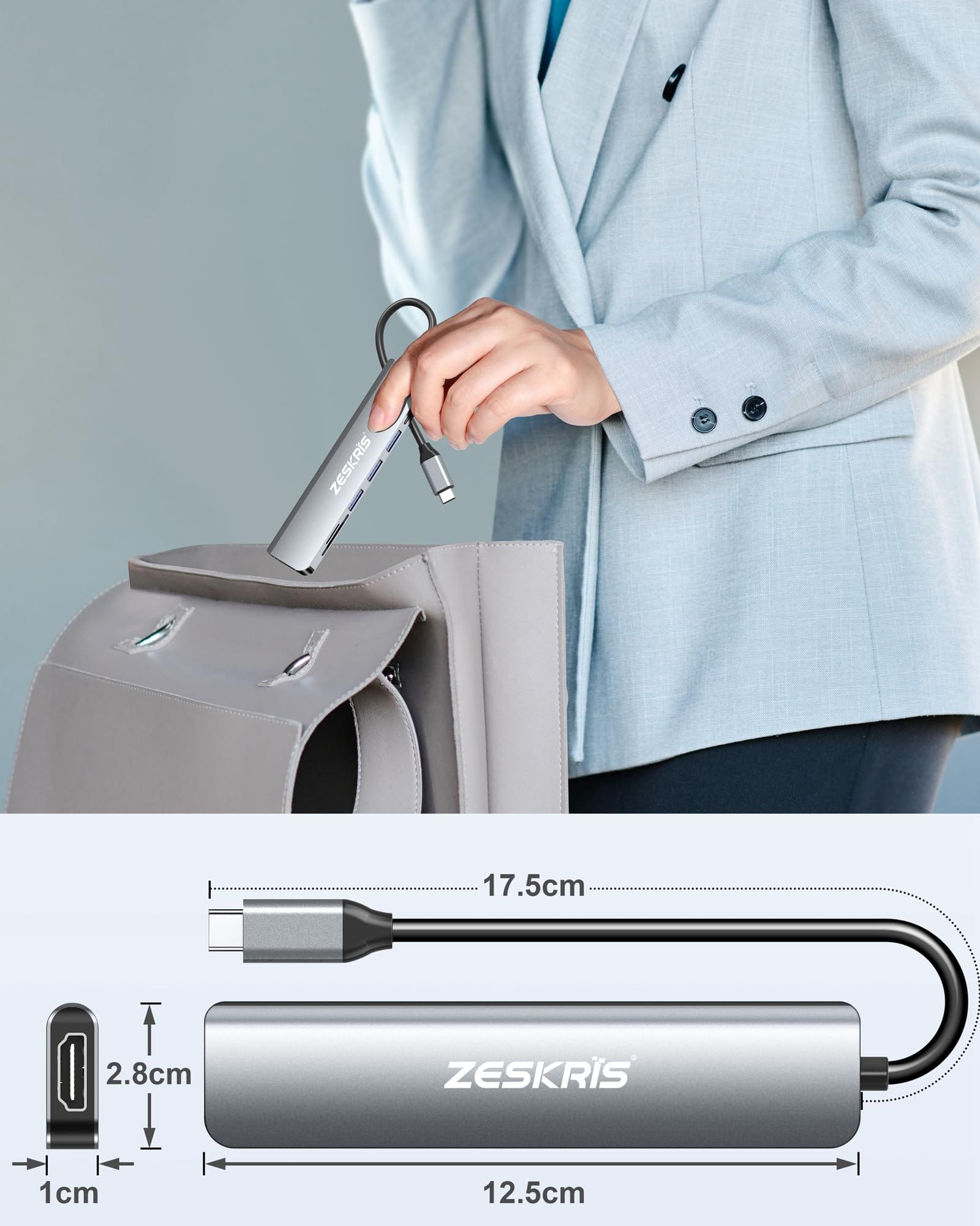 ZESKRIS Hub USB C adapter 7 w 1 USB C na HDMI z 4K HDMI 100 W PD 1 x USB 3.0 2 x USB 2.0 i czytnik kart SD/TF rozdzielacz wieloportowy kompatybilny z Macbook Air/Pro M1/M2 Surface Go i więcej - obrazek 2