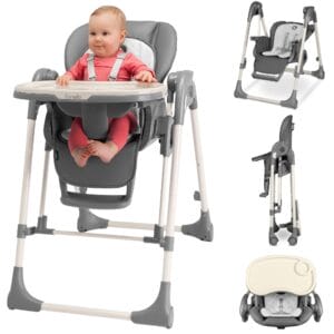 LIONELO Laurice Wysokie Krzesło Dziecięce od 6-36 miesięcy (15 kg) 2 w 1 z Funkcją Bujaka (9 kg) 5 poziomów wysokości Regulacja Oparcia i Podnóżka Pasy Bezpieczeństwa Kołysanki (szary)