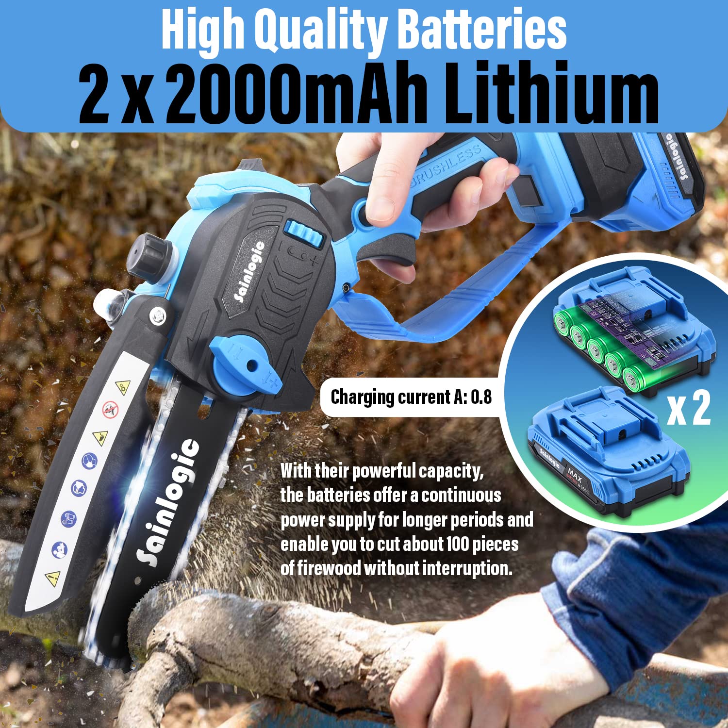 Sainlogic Mini piła łańcuchowa z akumulatorem 850 W - przenośna mini piła łańcuchowa z 2 bateriami 2000 mAh do prac ogrodowych i leśnych - obrazek 5
