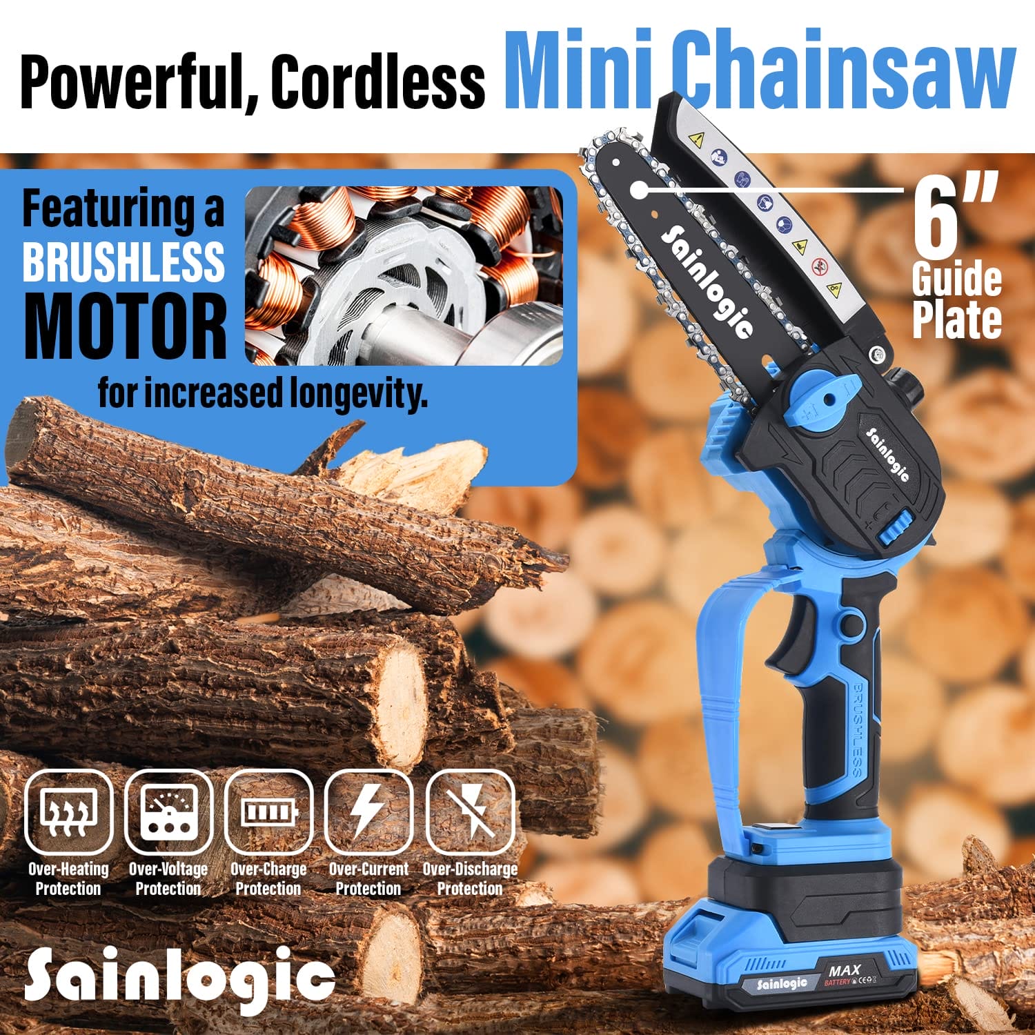 Sainlogic Mini piła łańcuchowa z akumulatorem 850 W - przenośna mini piła łańcuchowa z 2 bateriami 2000 mAh do prac ogrodowych i leśnych - obrazek 7