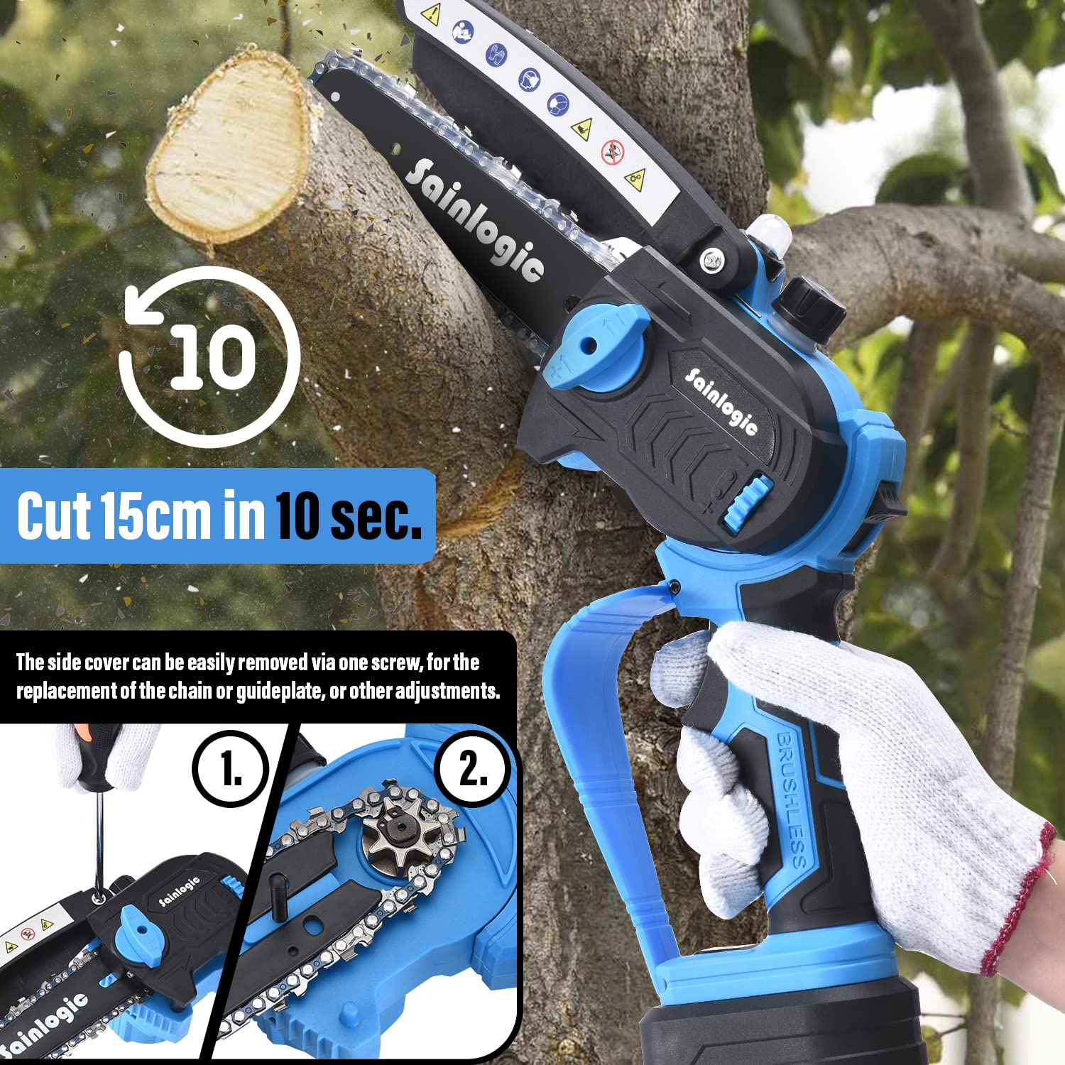 Sainlogic Mini piła łańcuchowa z akumulatorem 850 W - przenośna mini piła łańcuchowa z 2 bateriami 2000 mAh do prac ogrodowych i leśnych - obrazek 4