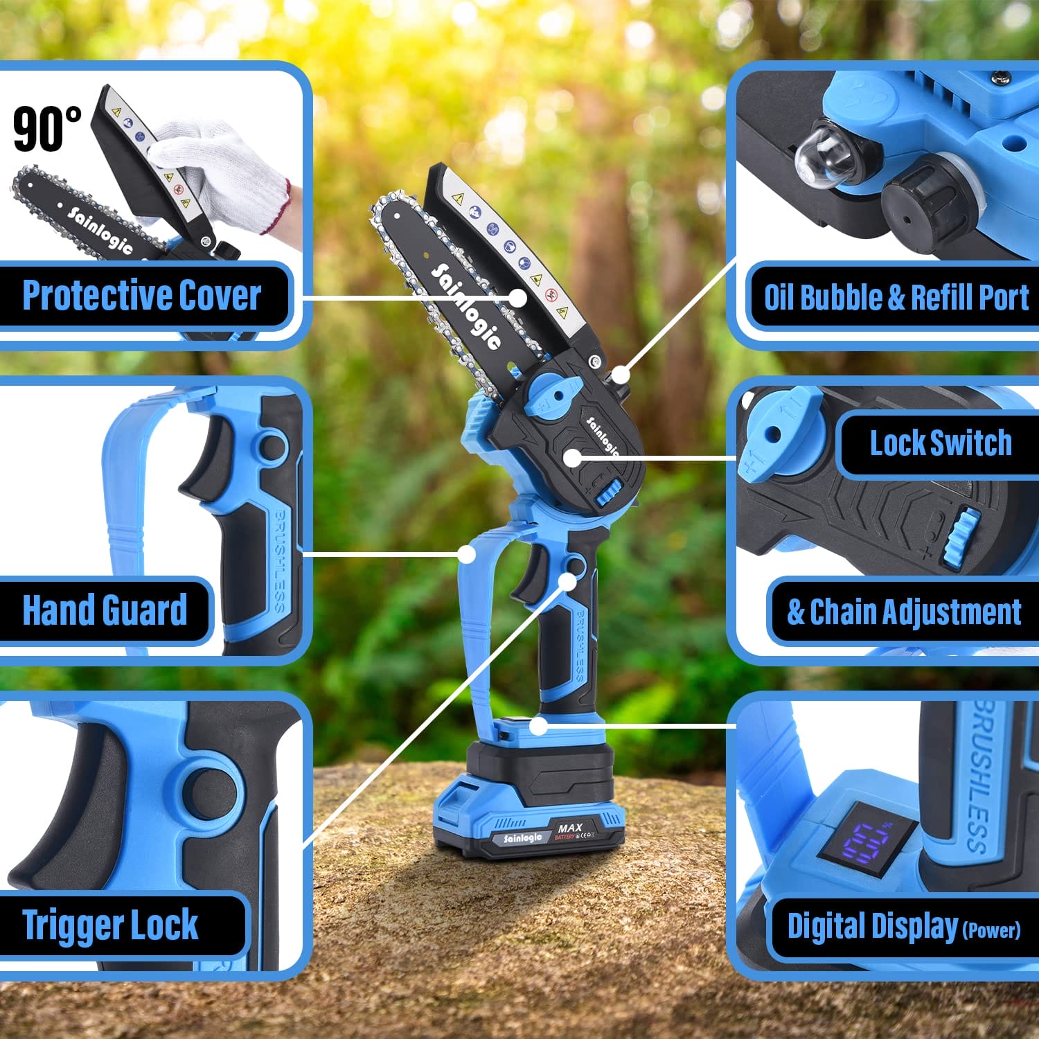 Sainlogic Mini piła łańcuchowa z akumulatorem 850 W - przenośna mini piła łańcuchowa z 2 bateriami 2000 mAh do prac ogrodowych i leśnych - obrazek 3