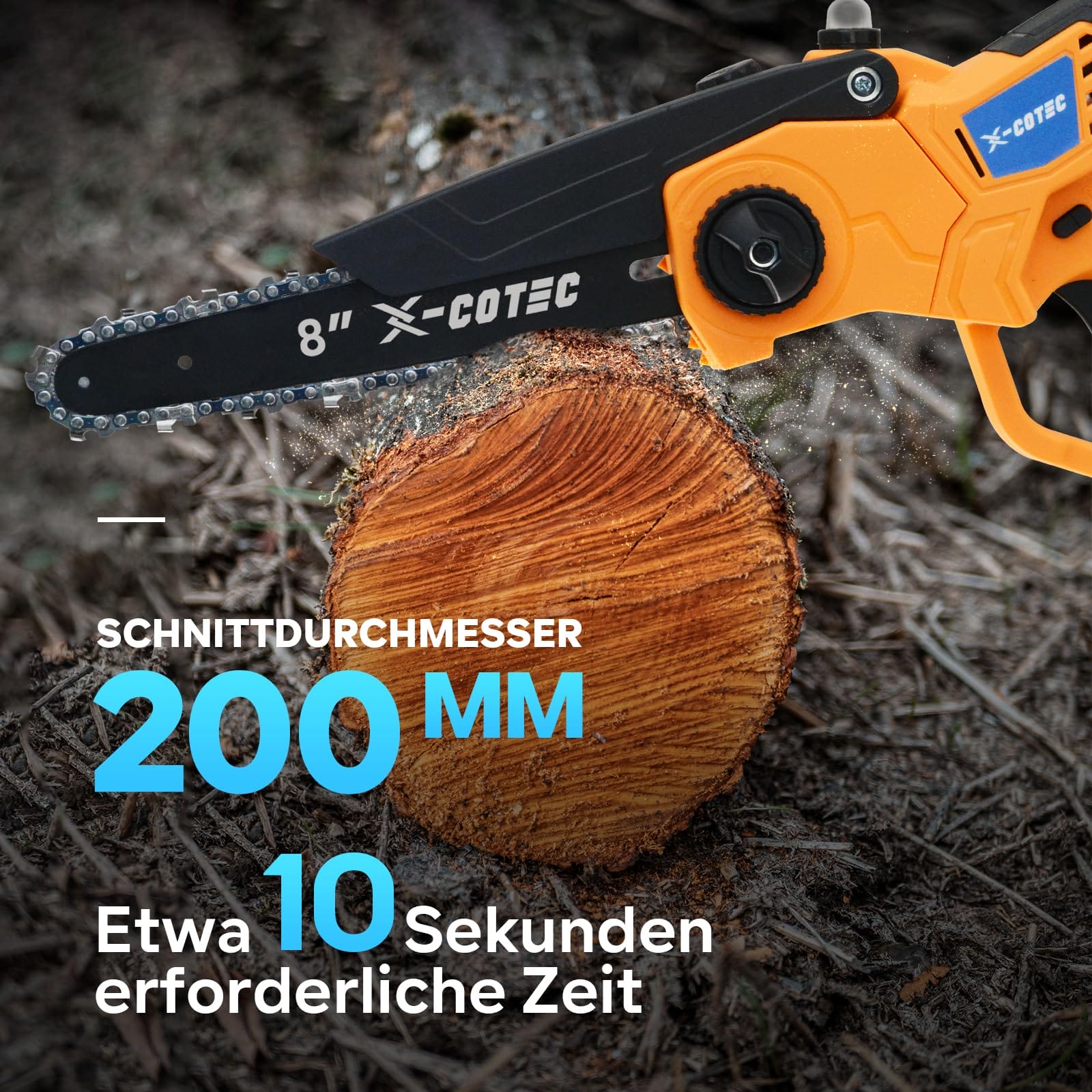 X-COTEC Mini piła łańcuchowa akumulatorowa 20" z zapasowym łańcuchem i łańcuchem elektryczna piła łańcuchowa jednoręczna piła do gałęzi z akumulatorem 2 x 4000 - obrazek 4