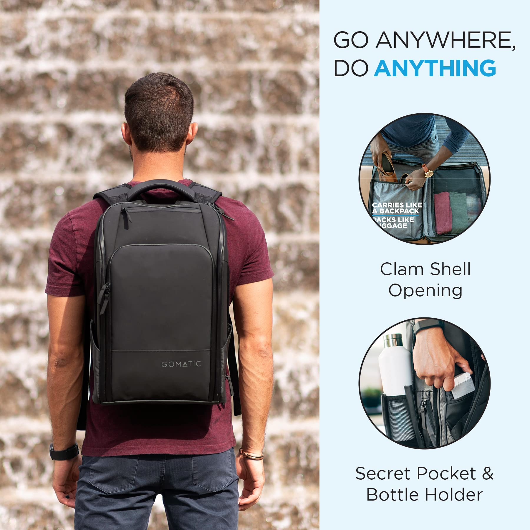 Gomatic Travel Pack 20-30 l | Plecak Dzienny | Torba Podróżna | Plecak Podróżny | Torba na Laptopa | Plecak na Komputer | Plecak Gimnastyczny | Torba do Noszenia na Co Dzień – Wodoodporny Czarny - obrazek 6