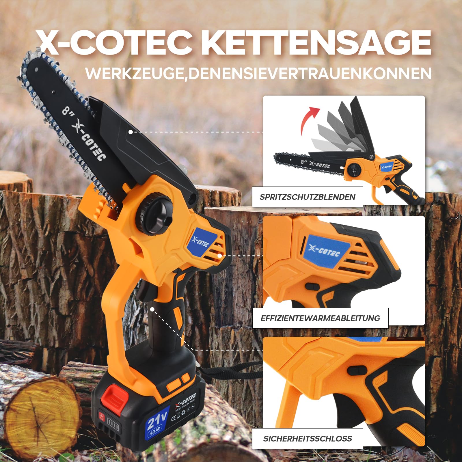 X-COTEC Mini piła łańcuchowa akumulatorowa 20" z zapasowym łańcuchem i łańcuchem elektryczna piła łańcuchowa jednoręczna piła do gałęzi z akumulatorem 2 x 4000 - obrazek 7