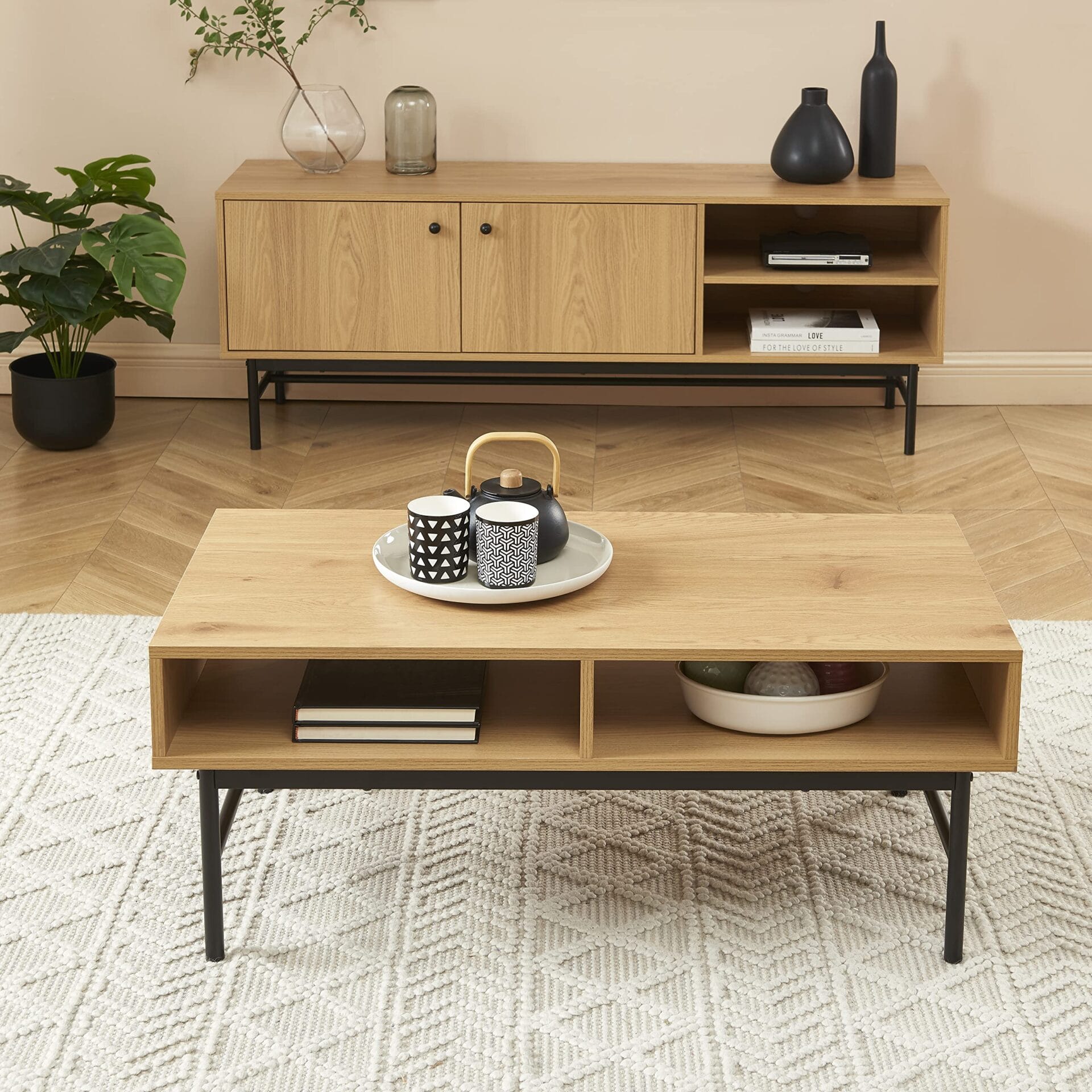 Stolik kawowy BAÏTA James dąb jasny 100cm - nowoczesny styl industrialny, 2 nisze do przechowywania - obrazek 2