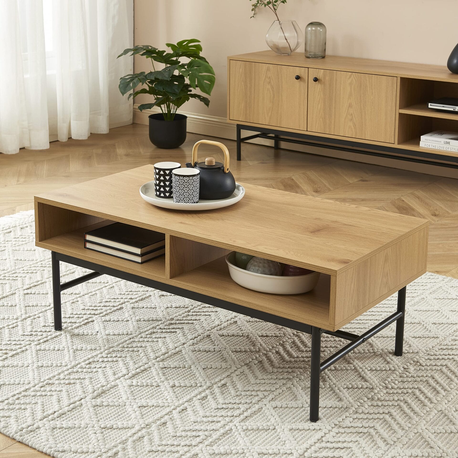 Stolik kawowy BAÏTA James dąb jasny 100cm - nowoczesny styl industrialny, 2 nisze do przechowywania - obrazek 5