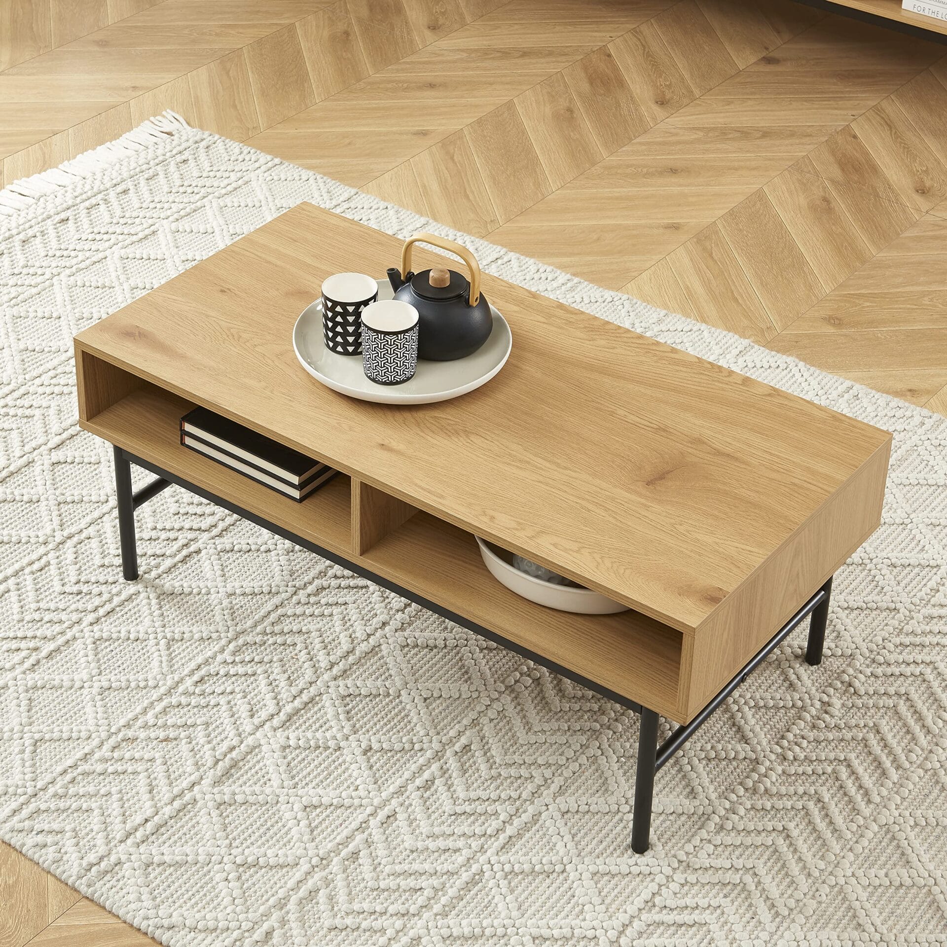 Stolik kawowy BAÏTA James dąb jasny 100cm - nowoczesny styl industrialny, 2 nisze do przechowywania - obrazek 3